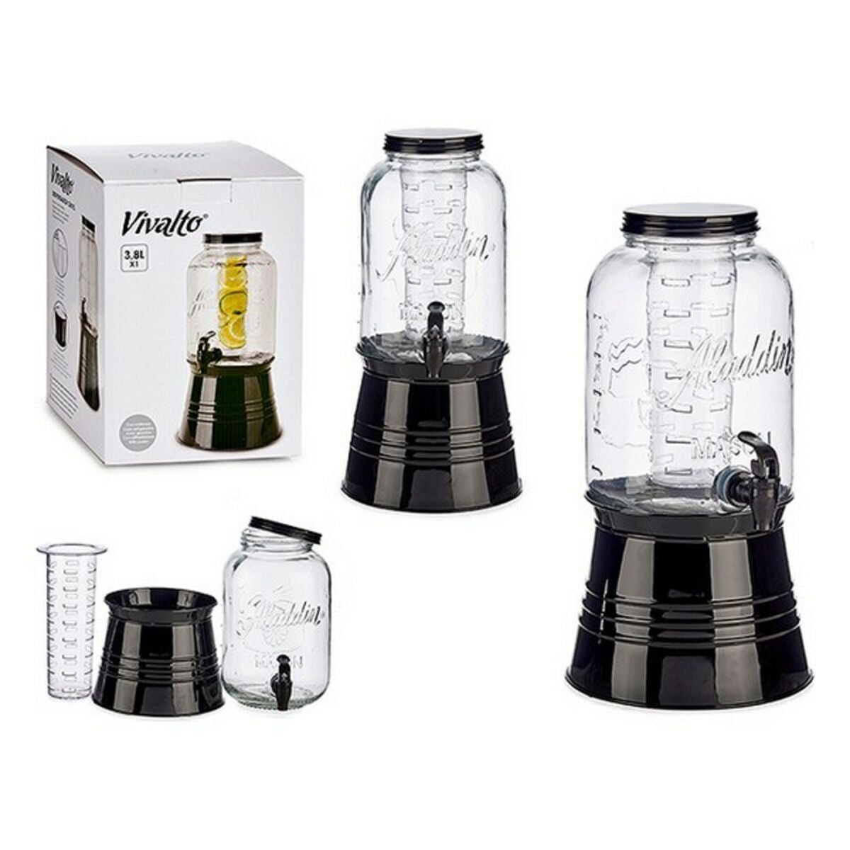 Carafe en Verre Transparent Vivalto Noir Transparent Métal Verre Plastique 3,8 L Refroidisseur