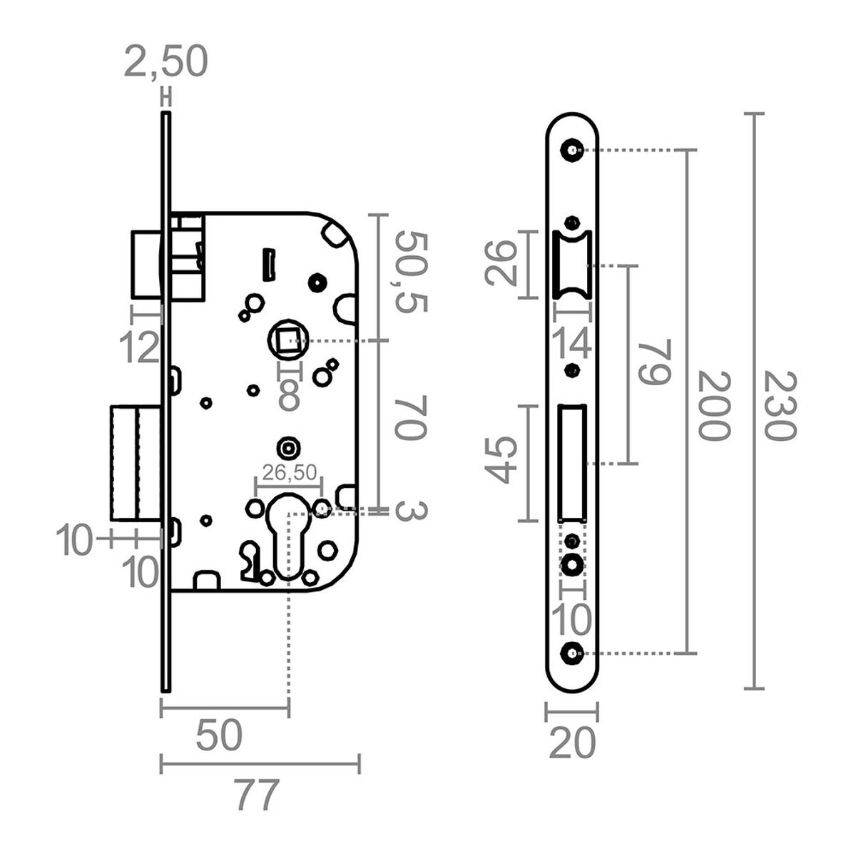 Serrure à mortaiser Micel Acier 70 mm