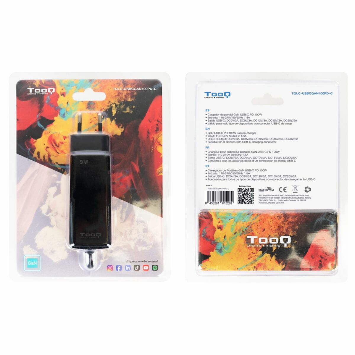 Chargeur d'ordinateur portable TooQ GAN USB-C PD 100W Cúbico 100 W