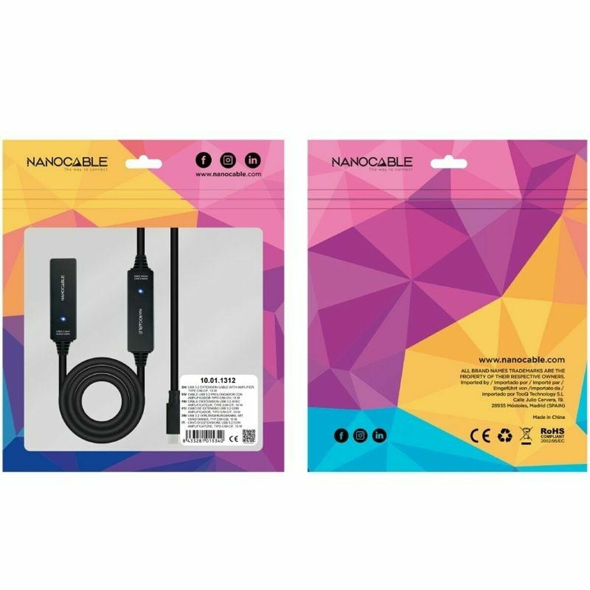 Câble USB NANOCABLE Cable USB 3.2 amplif. C/M-C/H 10 m Noir