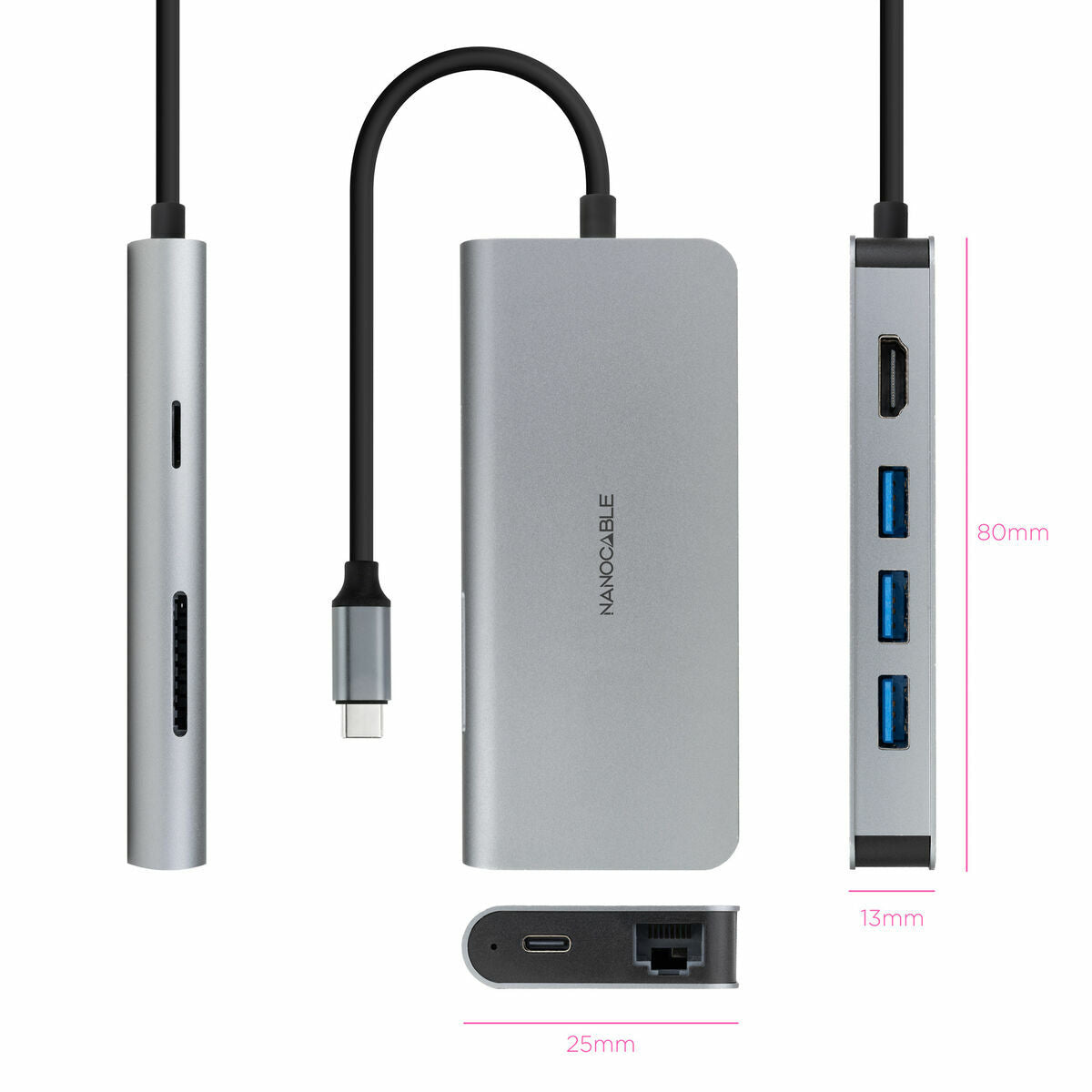 Hub USB NANOCABLE Hub 8en1 Gris 18 cm