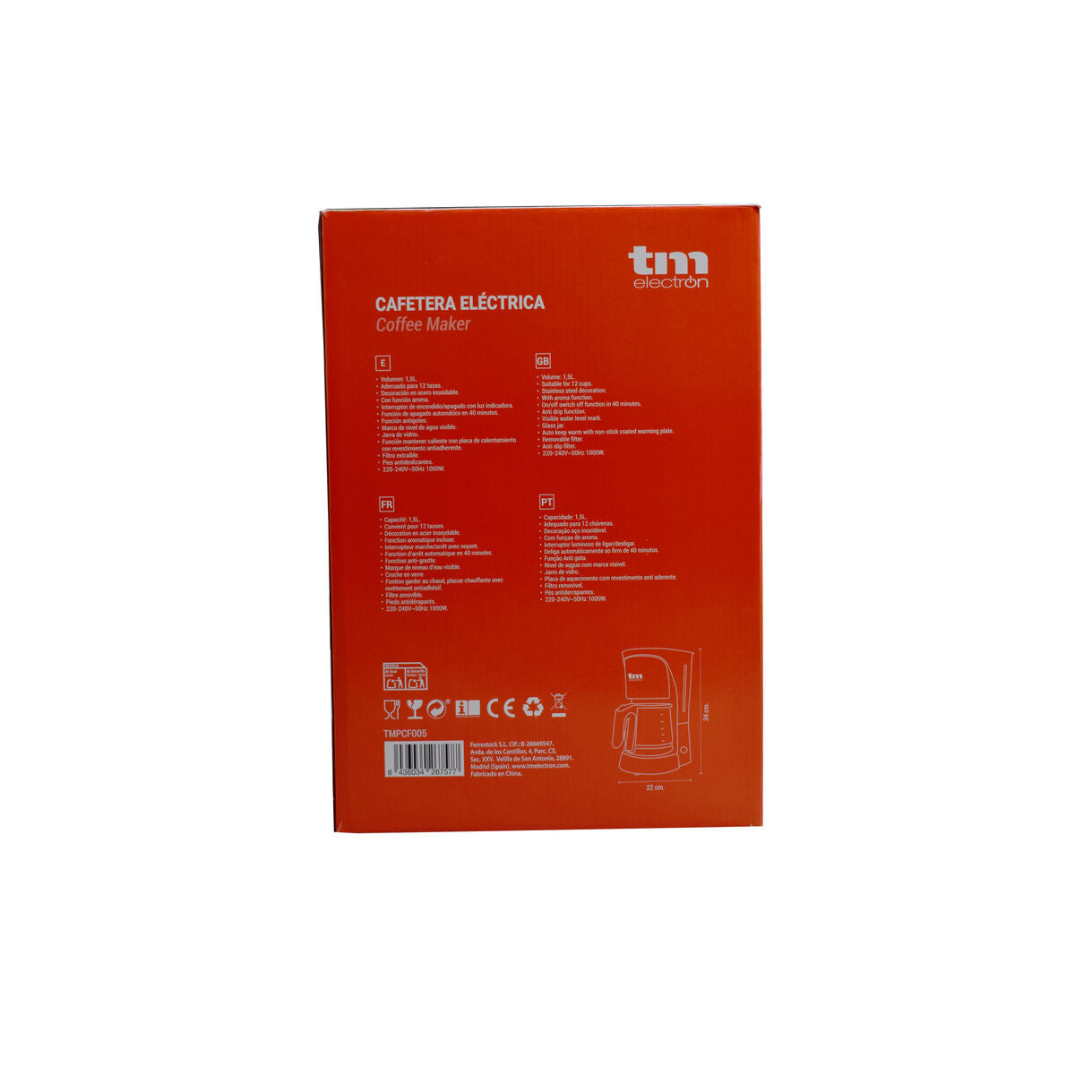 Cafetière goutte à goutte TM Electron 1000W 1,5 L 12 Tasses