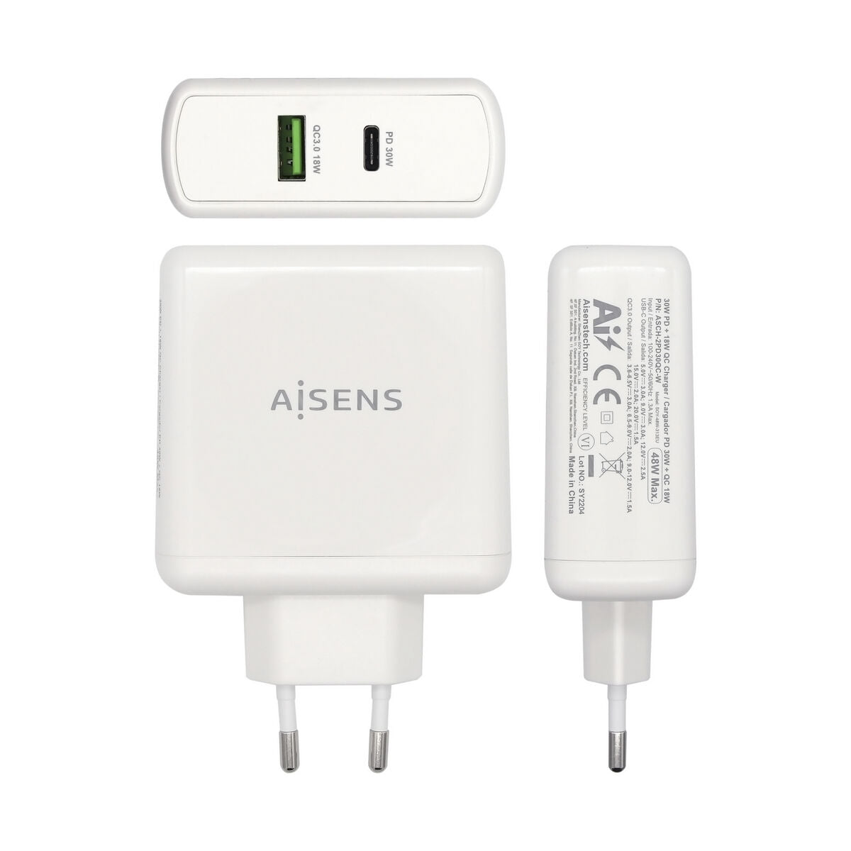 Chargeur Voiture Mur Aisens ASCH-2PD30QC-W Blanc 48 W USB-C (1 Unité)