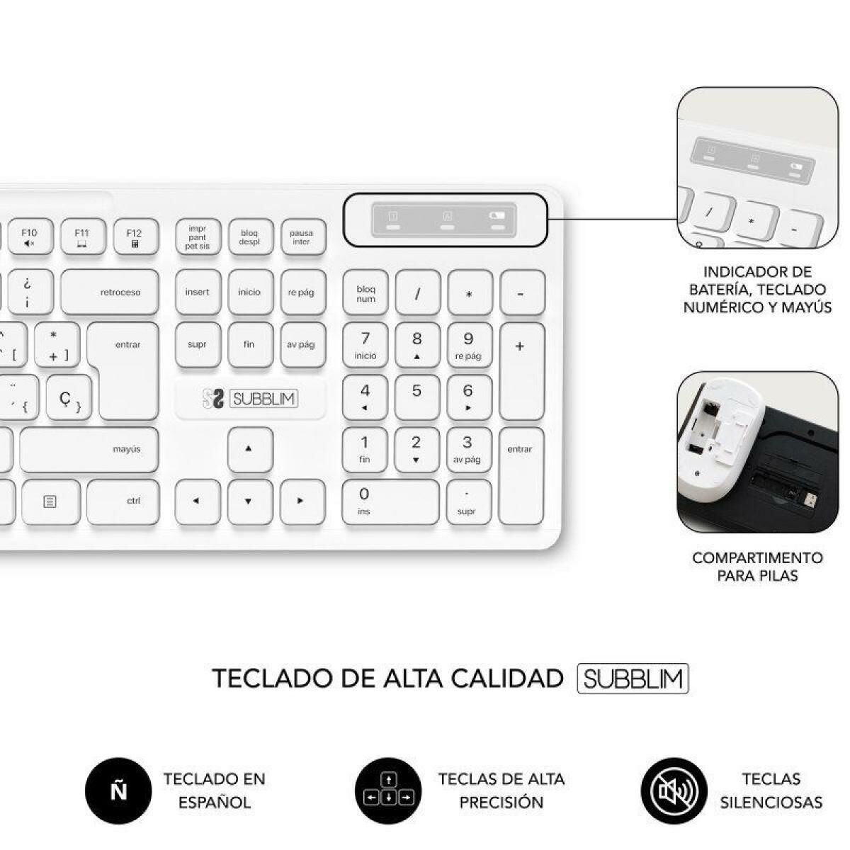Clavier et souris sans fil Subblim SUBKBC-CSSW11 Blanc Espagnol Qwerty