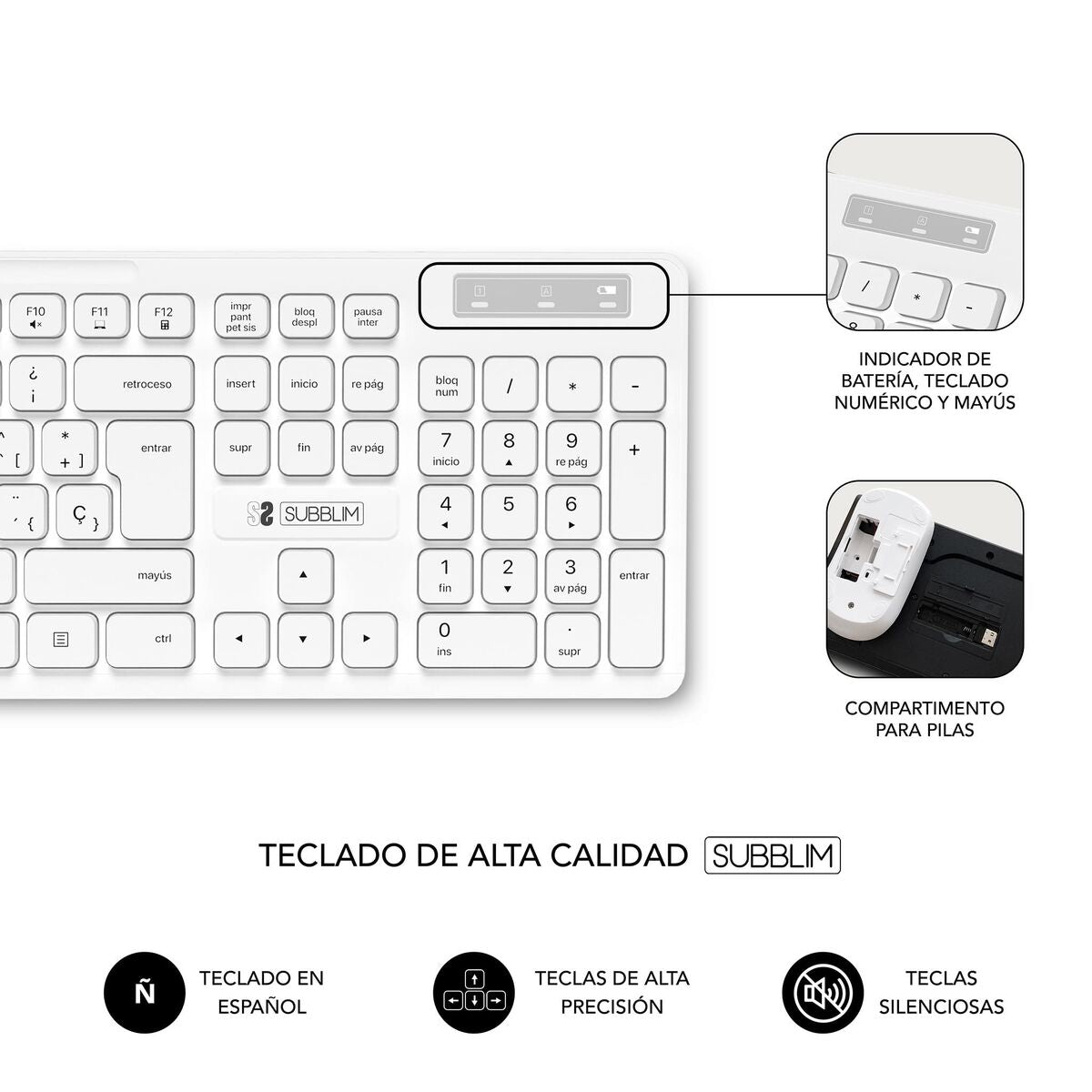 Clavier et souris sans fil Subblim SUBKBC-CSSW11 Blanc Espagnol Qwerty