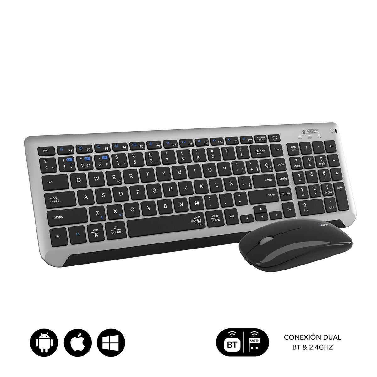 Clavier et souris sans fil Subblim SUBKBC-DCEP20 Gris Espagnol Qwerty