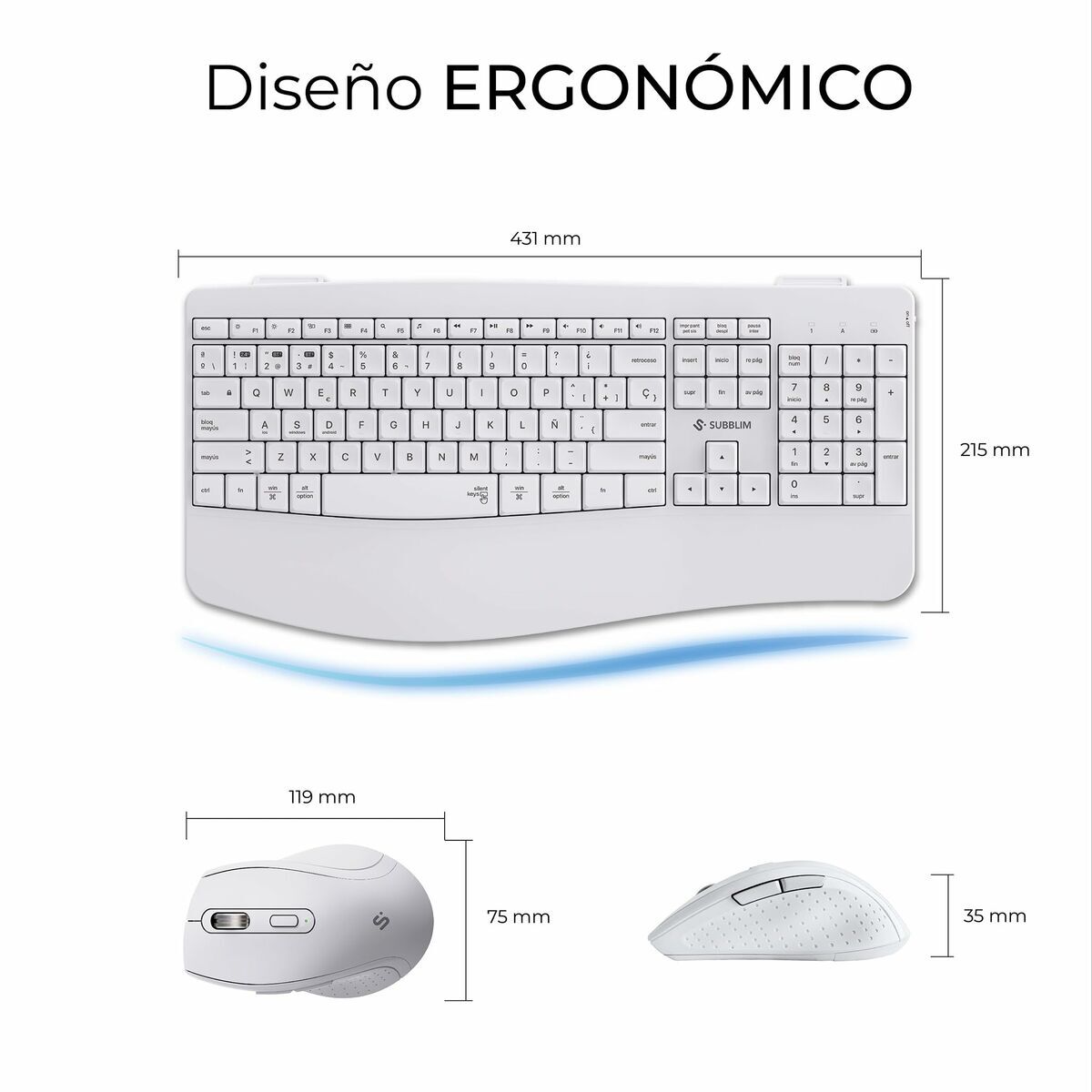 clavier et souris Subblim SUBKBC-DCOPW1 Blanc Espagnol Qwerty