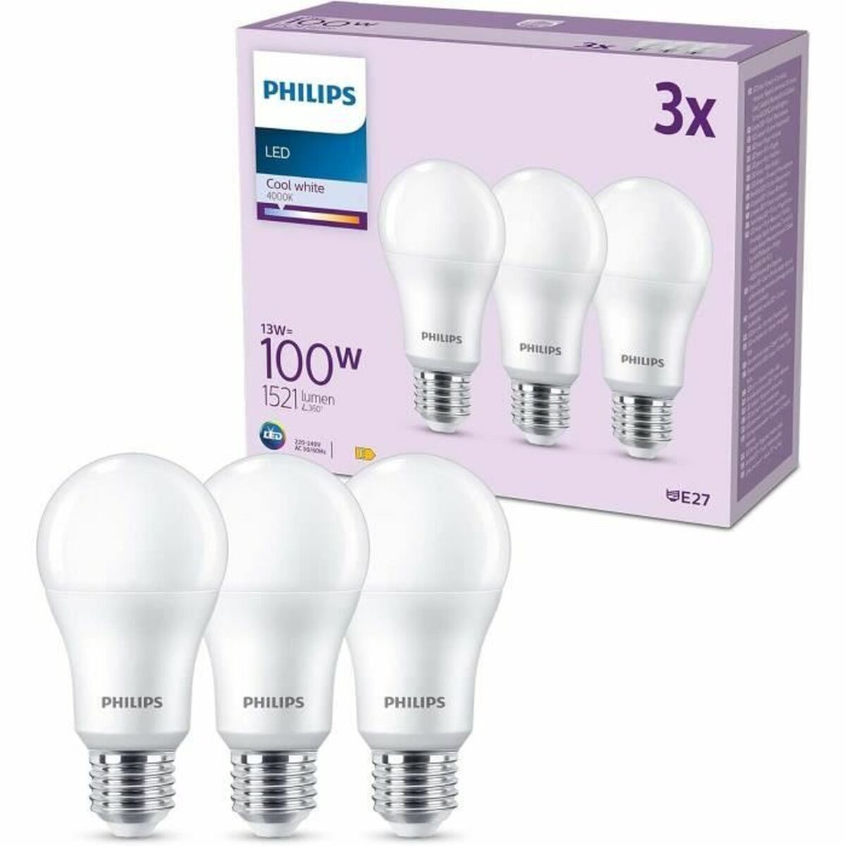 Lampe LED Philips A67 Blanc E 100 W E27 3 Unités (4000 K)