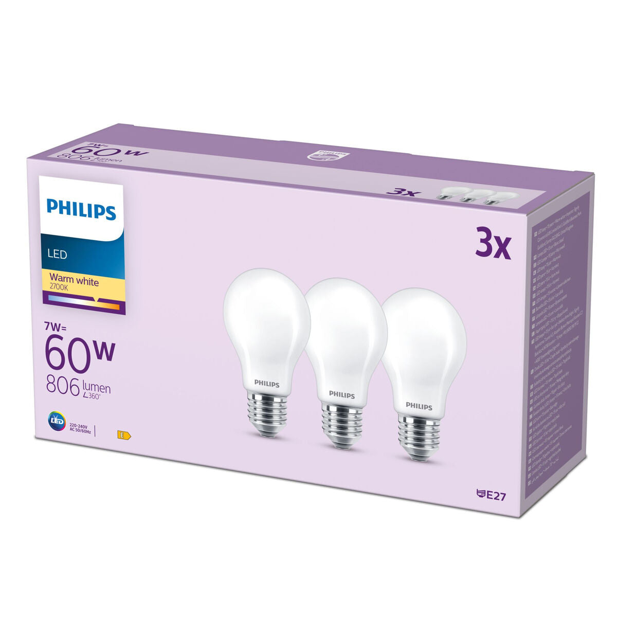 Lampe LED Philips A60 E27 Vert tendre E 7 W 60 W E27 806 lm 3 Unités (2700 K)