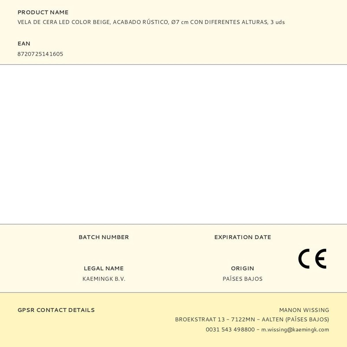 Bougie Lumineo Crème Ø 7 x 19 cm