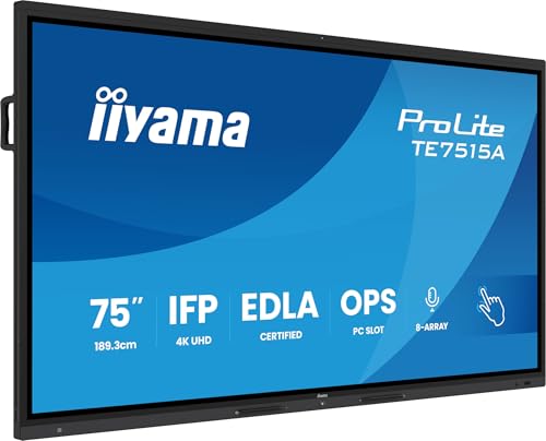 iiyama TE7515A-B1AG 75 pouces IFP élégant iiWare21E 3840x2160 UHD IPS Android 14 16/128 Go 2xHDMI DP 2xUSB-C VESA 800x400