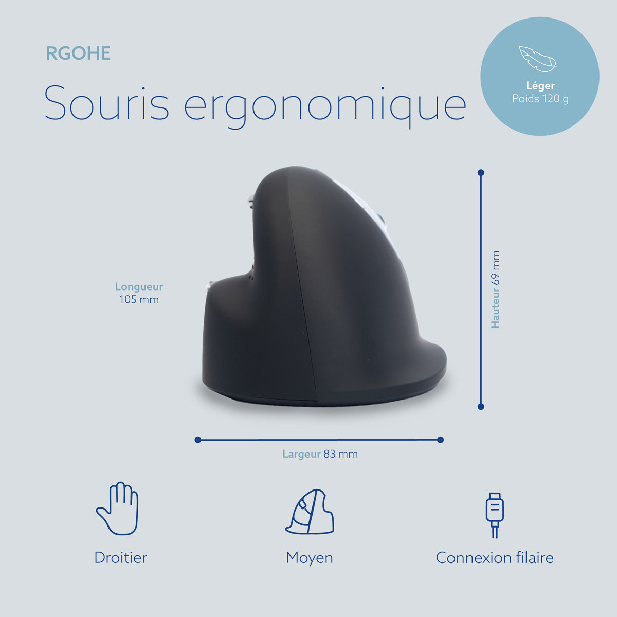 R-GO TOOL Souris ergonomique HE Break, droiter, filaire, M noire
