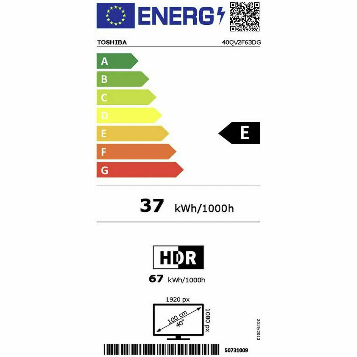 TV intelligente Toshiba 40QV2F63DG Full HD 40" LED HDR HDR10+ D-LED HDR10 DVB-T2 400 Hz PQI QLED