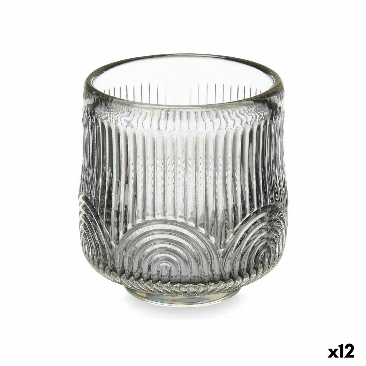 Bougeoir Gift Decor Gris Verre 7,5 x 7,8 x 7,5 cm Rayures (12 Unités)