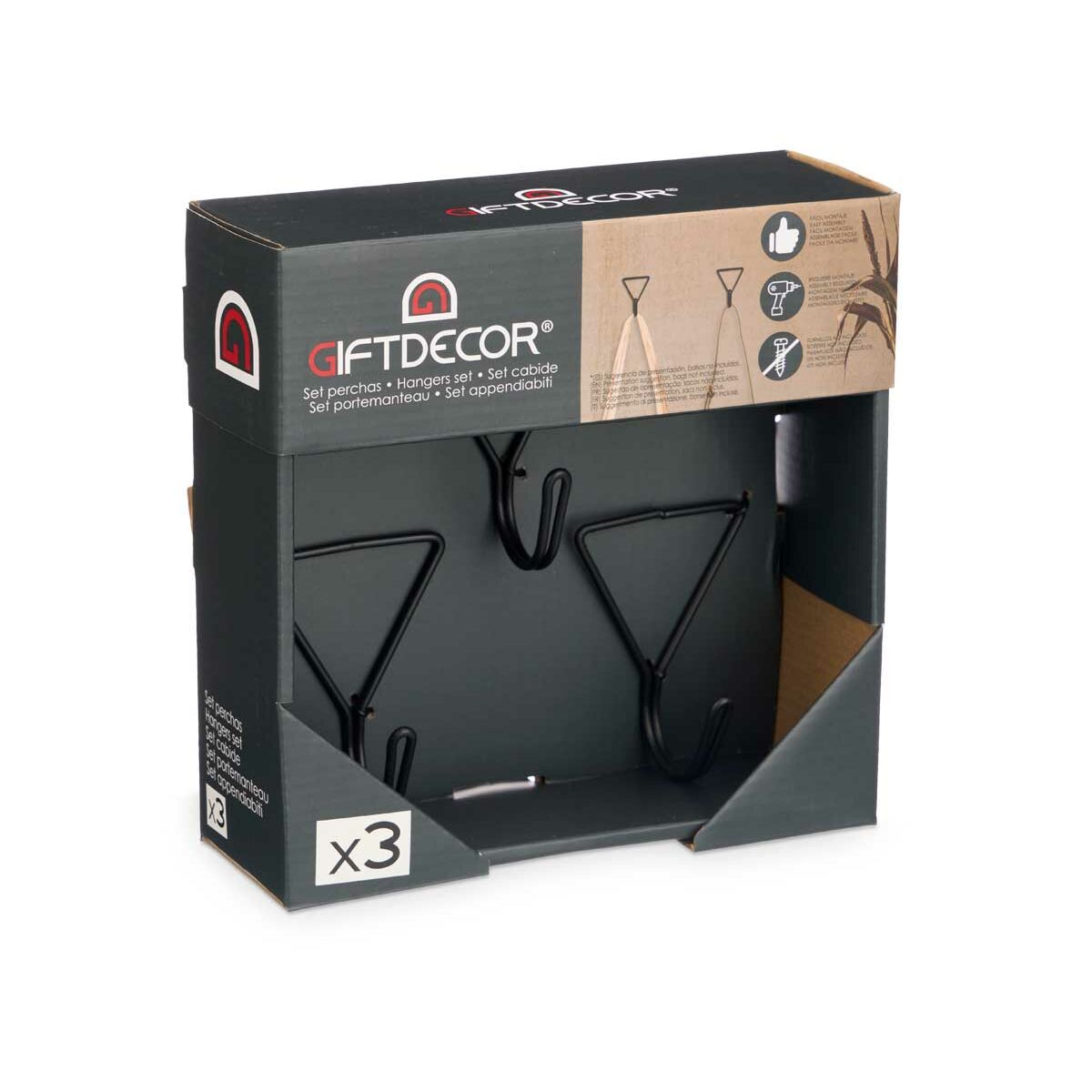 Crochets Gift Decor Noir Métal Triangulaire Lot 3 Pièces (6 Unités)