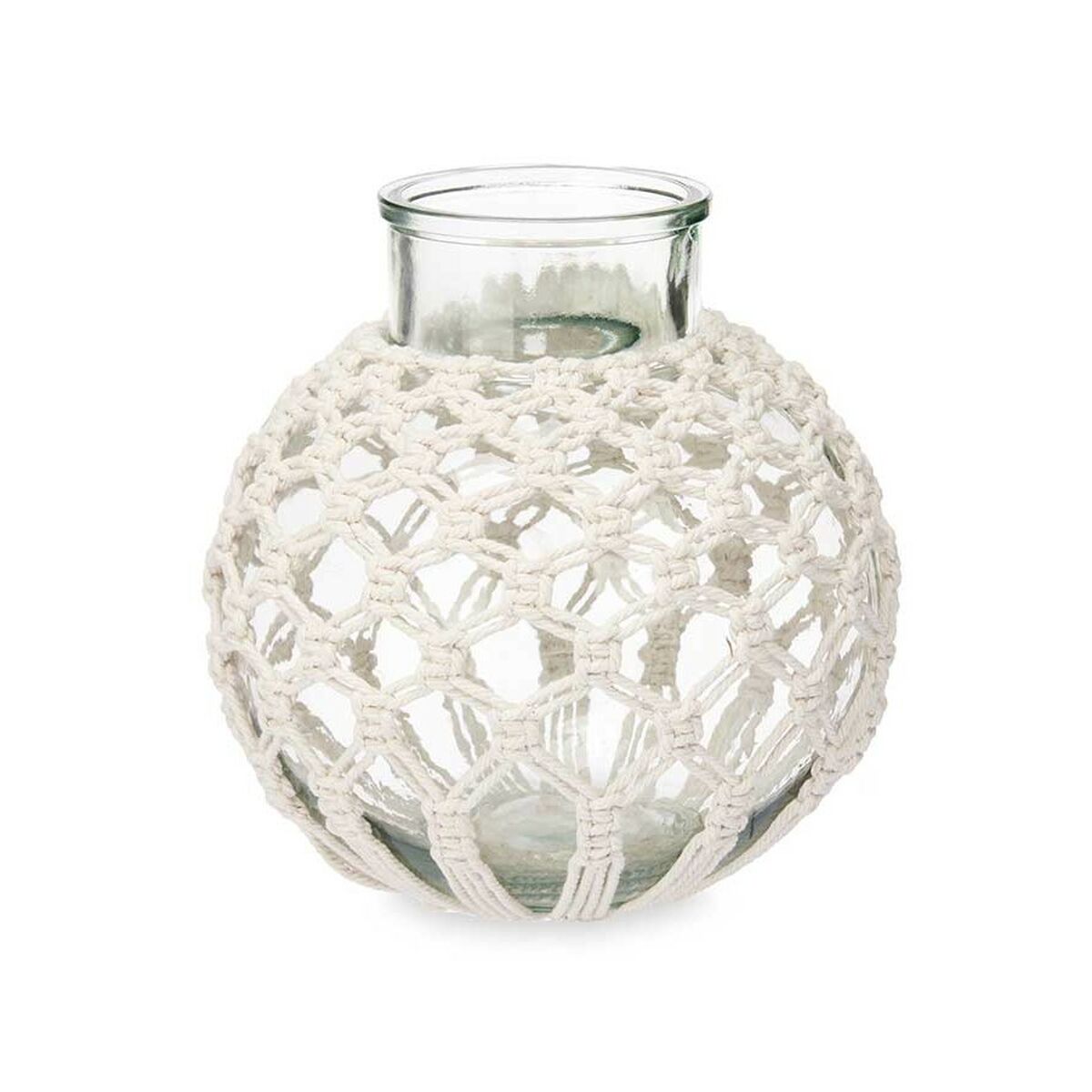 Vase Gift Decor Blanc Transparent Tissu verre Macramé 25 x 26,5 x 25 cm (4 Unités)
