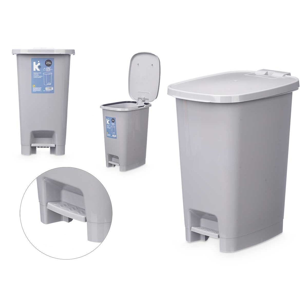 Poubelle à pédale Gris Plastique 25 L (6 Unités)