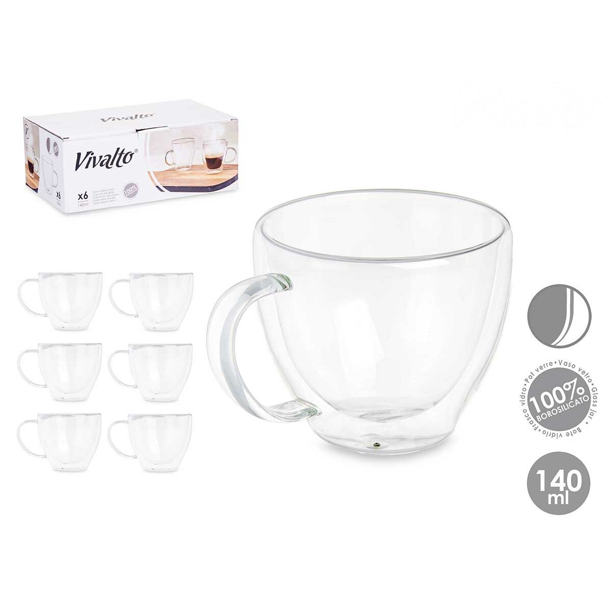 Tasse de café et de thé Vivalto Transparent Verre Borosilicaté 140 ml (6 Unités)