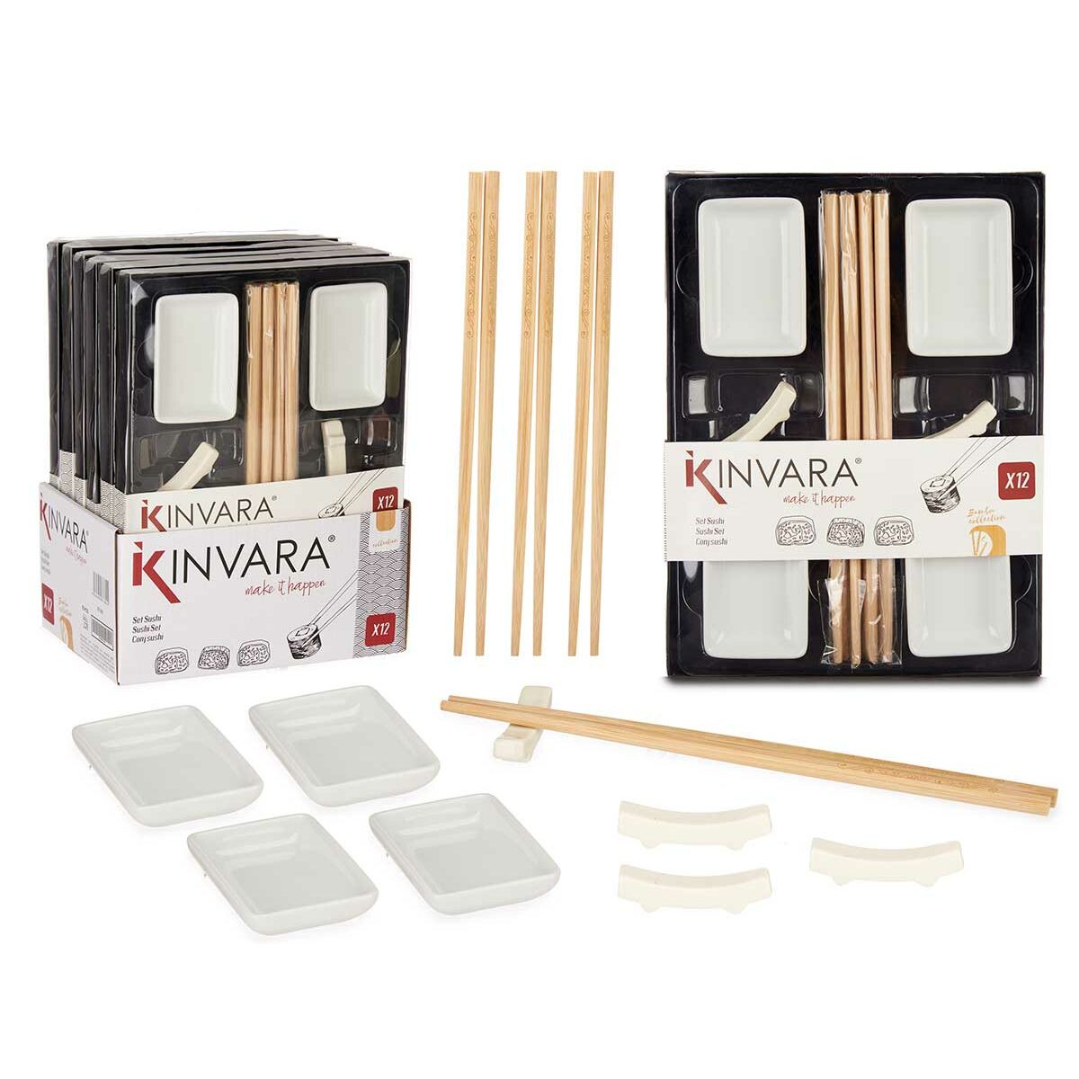 Set de sushi Kinvara Blanc Bambou Porcelaine 27,5 x 2,5 x 20,5 cm 19,5 x 2,5 x 26,5 cm (12 Pièces) (6 Unités)