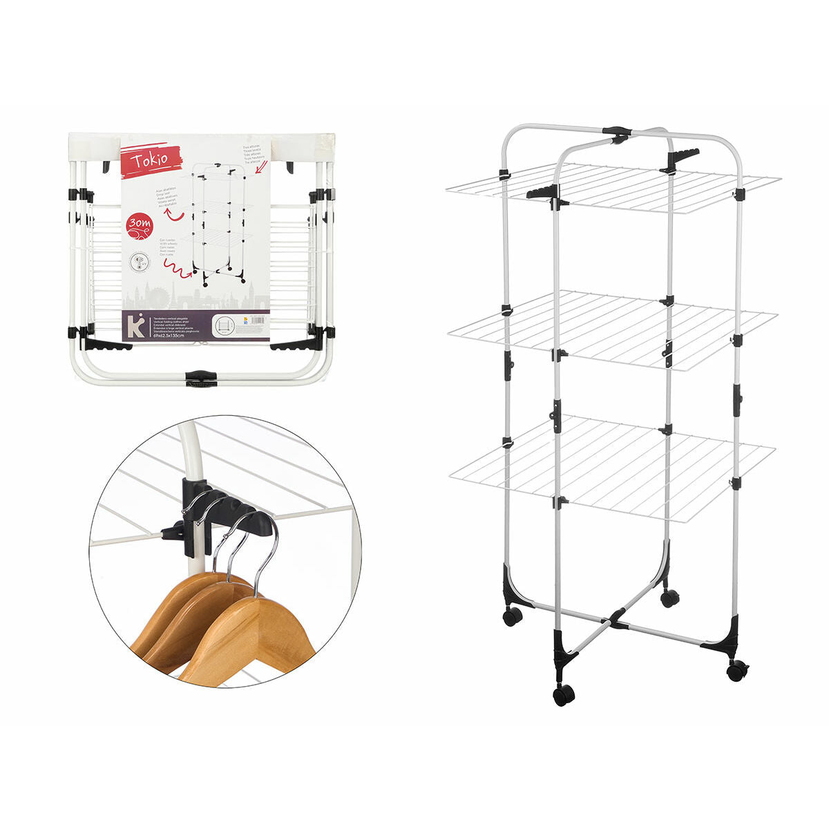 Étendoir Pliant Vertical à Roulettes Blanc Noir Métal 69 x 135 x 62,5 cm (4 Unités)