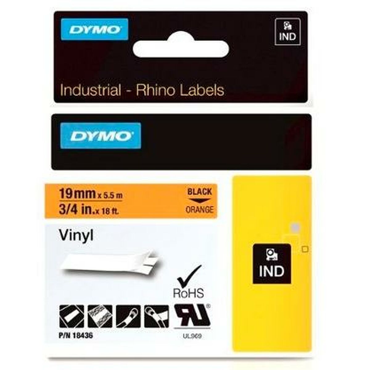 Ruban Laminé pour Etiqueteuses Rhino Dymo ID1-19 Noir Orange 19 x 5,5 mm Autocollants (5 Unités)