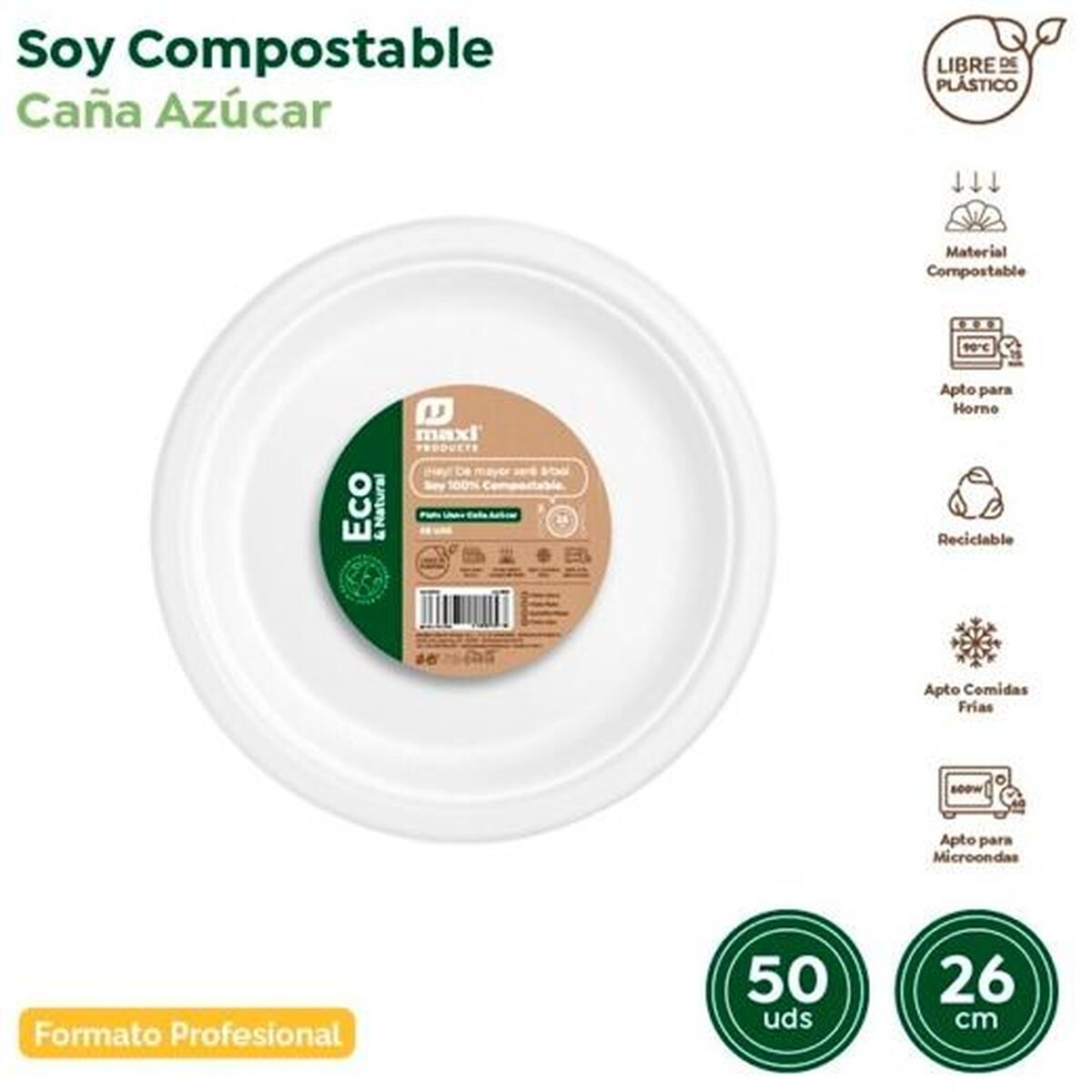 Lot d'assiettes réutilisables Maxi Products Blanc Canne à sucre Ø 26 cm 50 Pièces (10 Unités)