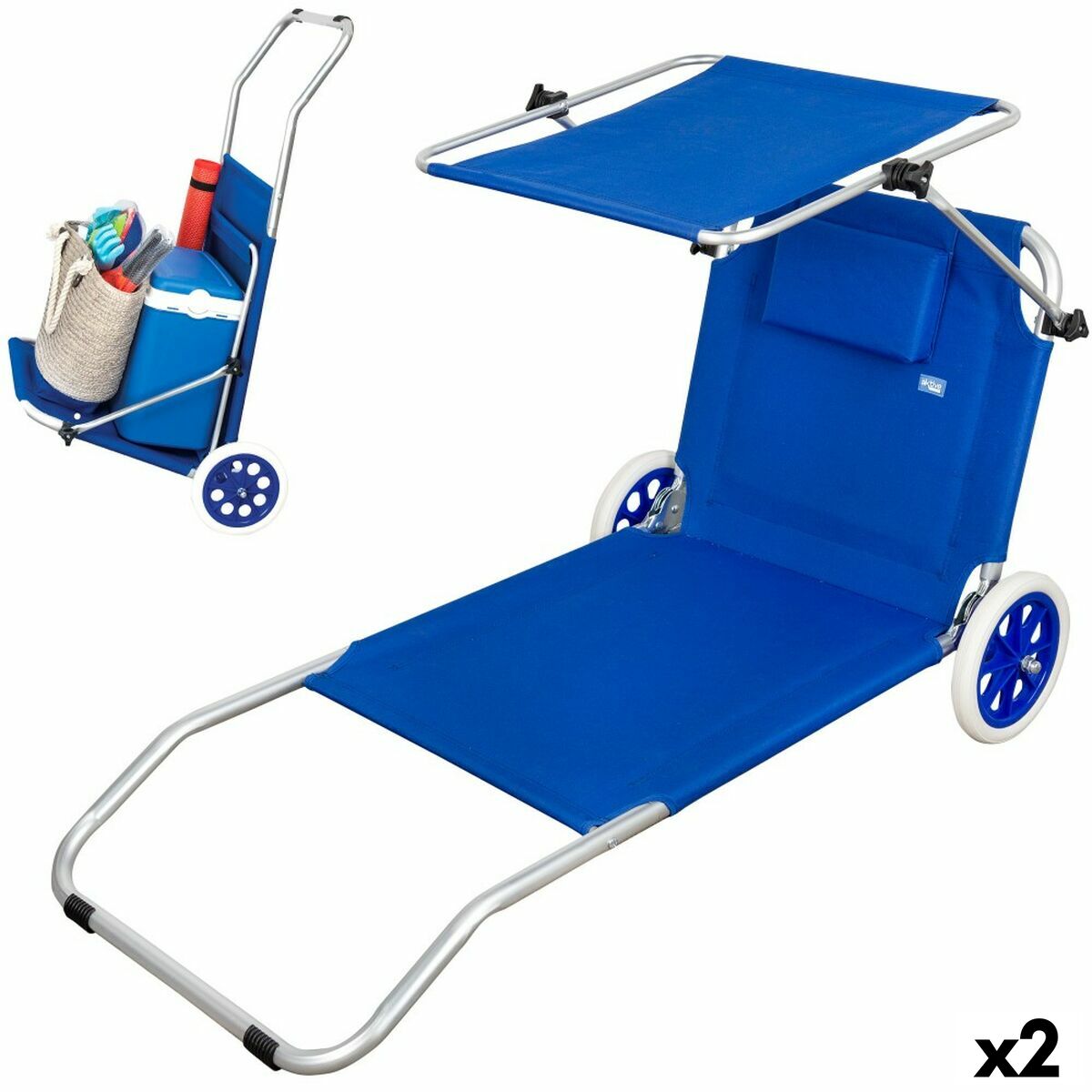 Chaise Transat Pliable de Camping Aktive Bleu 62 x 62 x 117 cm Chariot pliant Auvent (2 Unités)