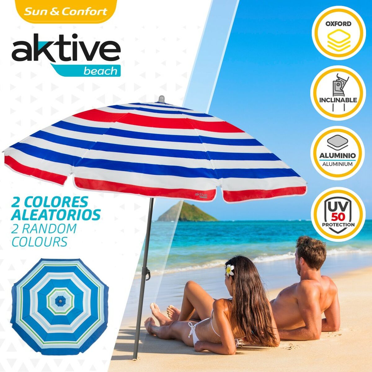 Parasol de plage Aktive Bleu Rouge Multicouleur Argenté Ø 160 cm 160 x 167 x 160 cm (12 Unités)