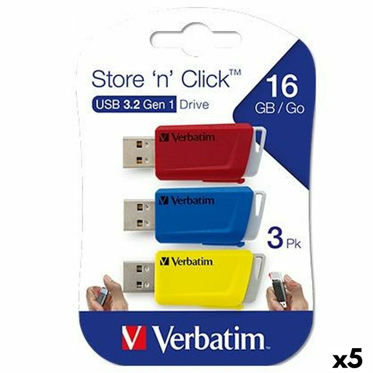 Clé USB Verbatim STORE´N´CLICK Multicouleur 16 GB 3 Pièces (5 Unités)
