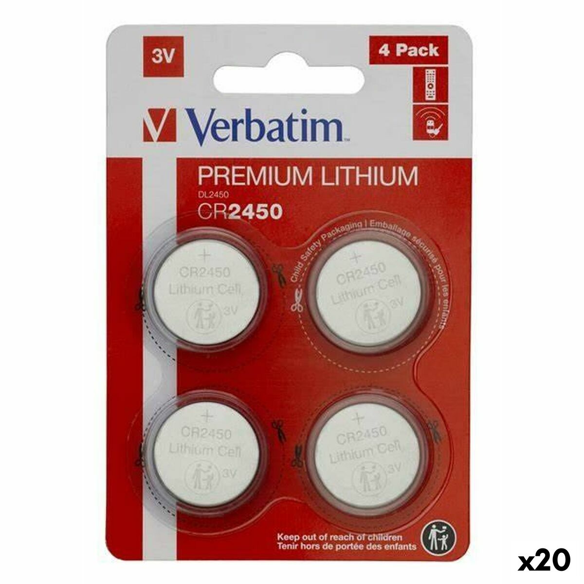 Piles Bouton au Lithium Verbatim CR2450 (4 Pièces) (20 Unités)